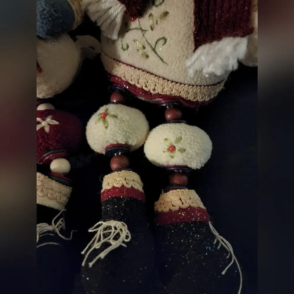 Set of 2 - Plush Santa & Snowman Sitting with Dangle Legs (Beads and Buttons)